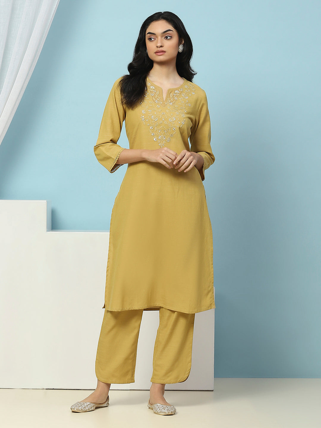 Solid Straight Cotton Kurta Set with Thread Embroidery &amp; Zari Dupatta