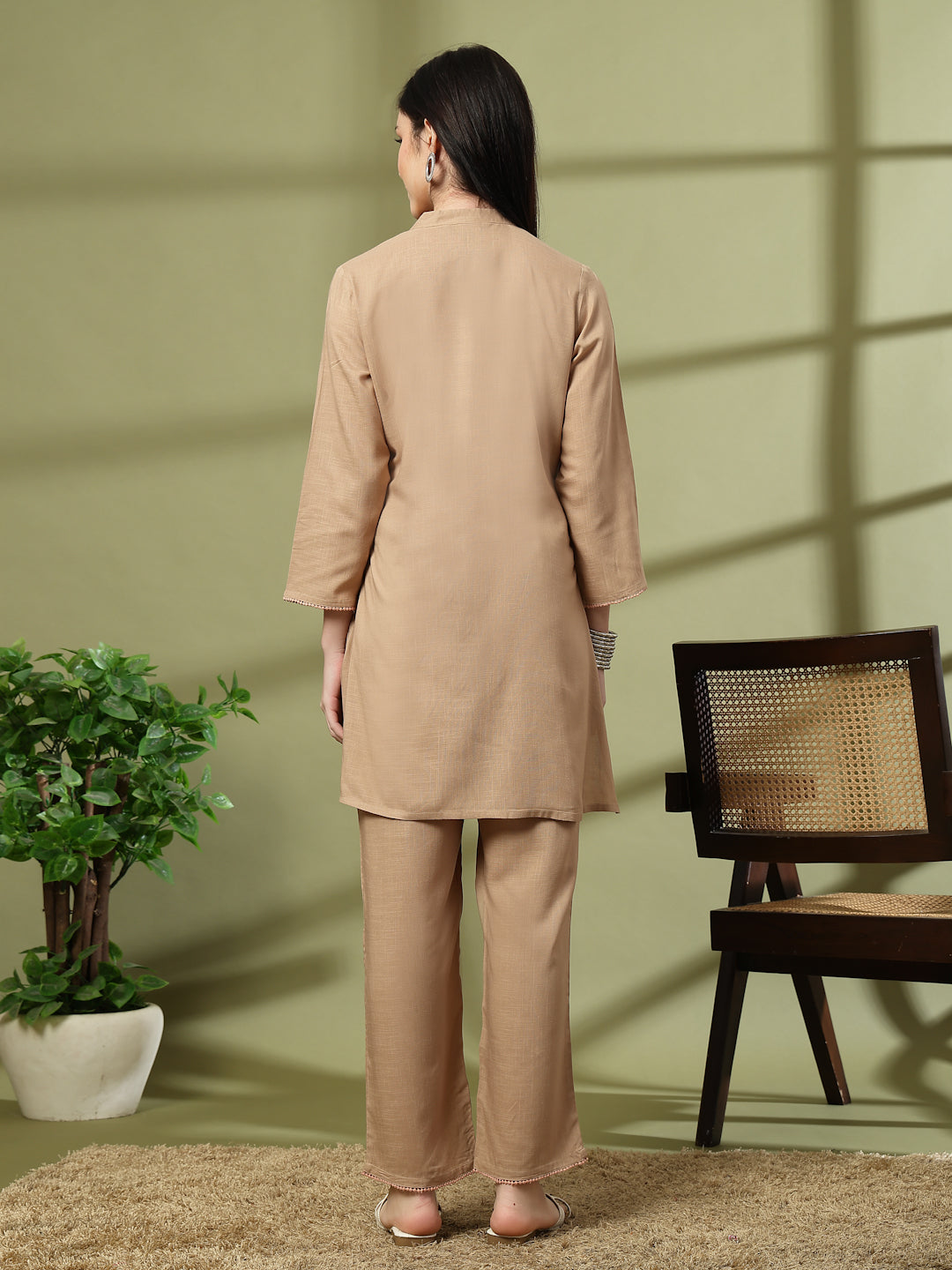 Khaki Embroidered Rayon Co-ord Set with Lace Accents
