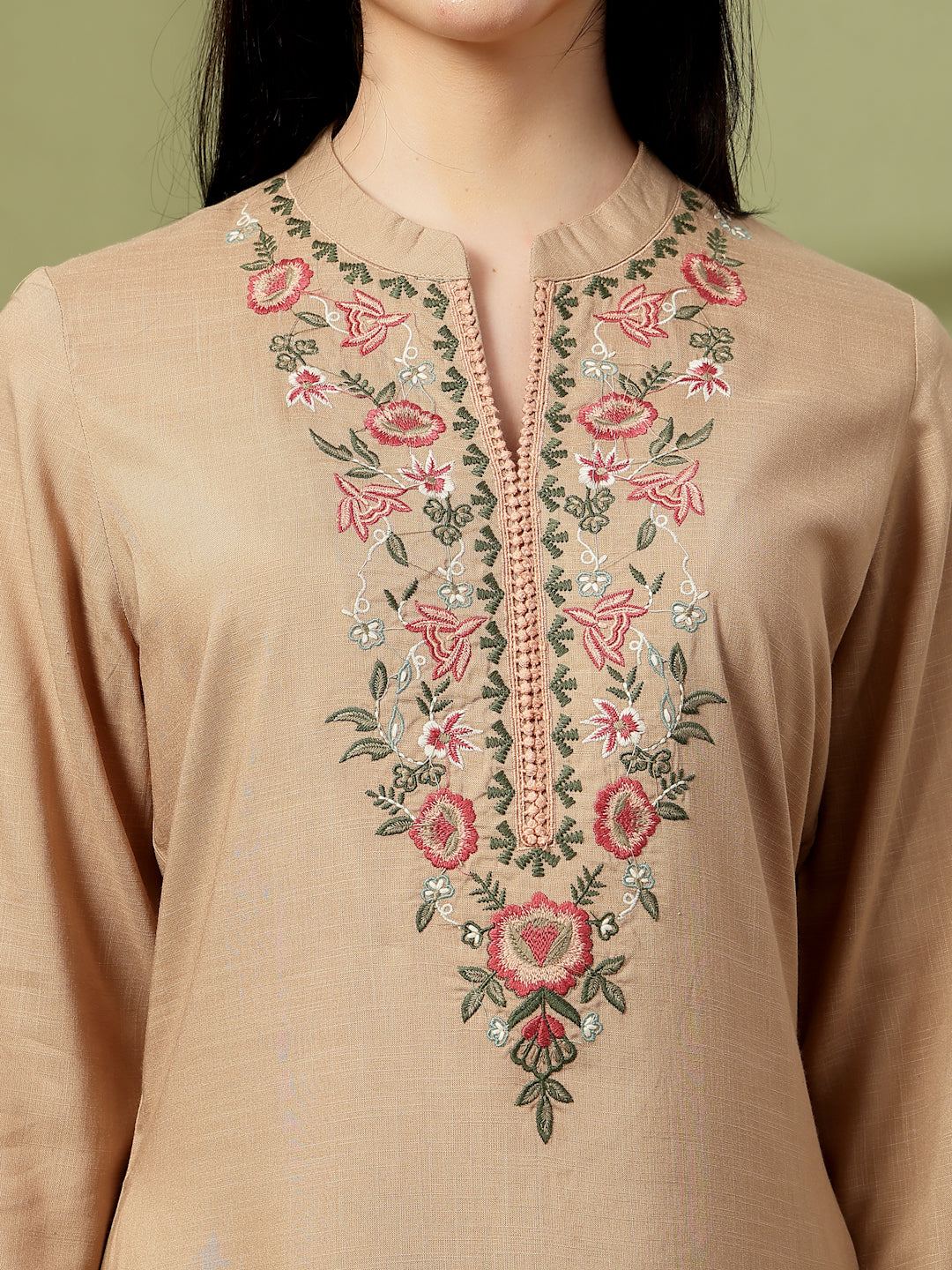 Khaki Embroidered Rayon Co-ord Set with Lace Accents