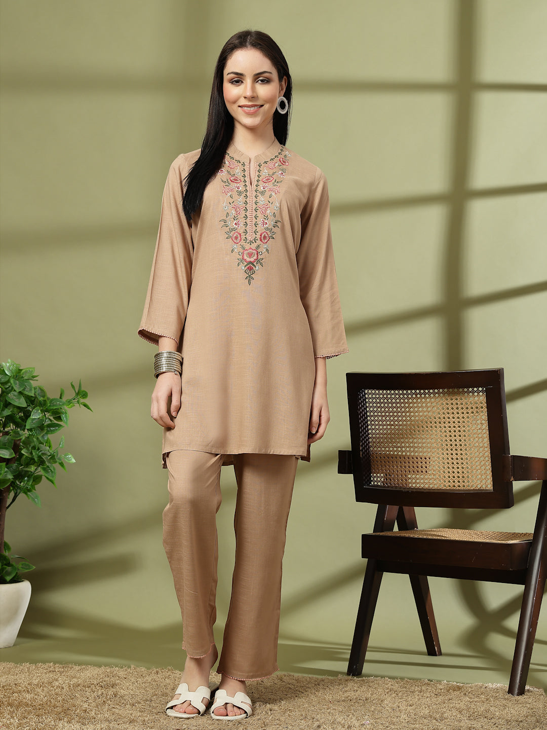 Khaki Embroidered Rayon Co-ord Set with Lace Accents