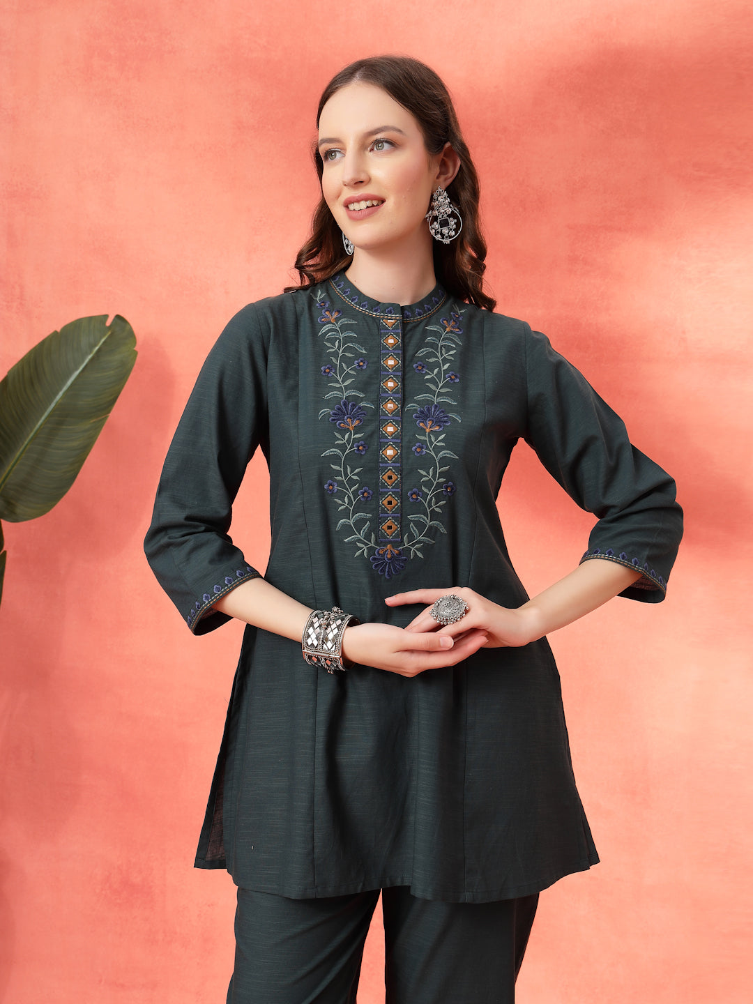 Solid A-Line Cotton Kurta Set with Embroidery &amp; Palazzo