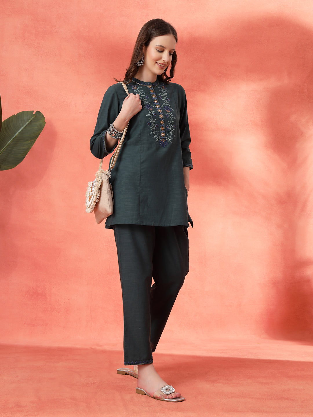Solid A-Line Cotton Kurta Set with Embroidery &amp; Palazzo
