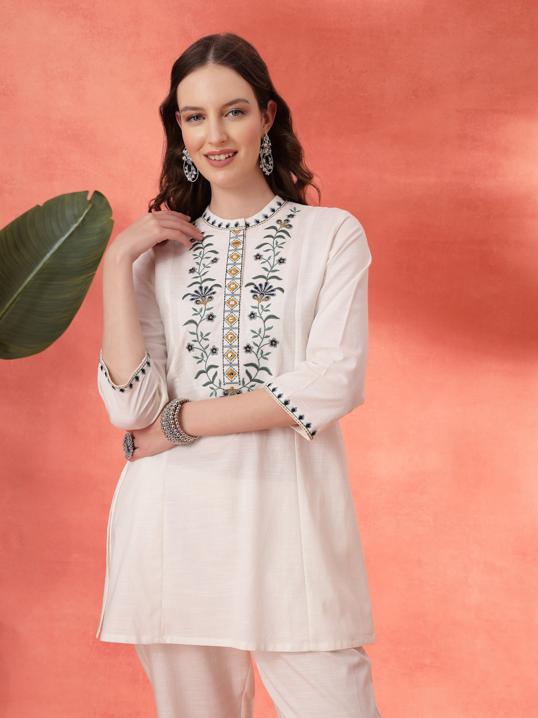 Solid A-Line Cotton Kurta Set with Embroidery &amp; Palazzo