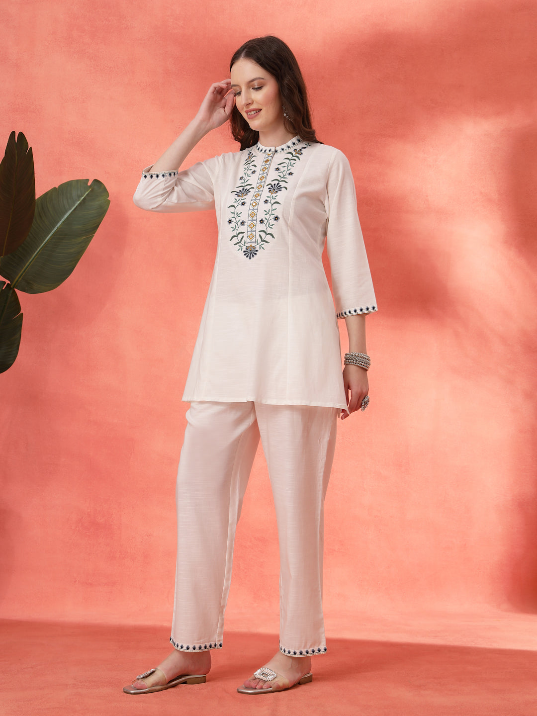 Solid A-Line Cotton Kurta Set with Embroidery &amp; Palazzo