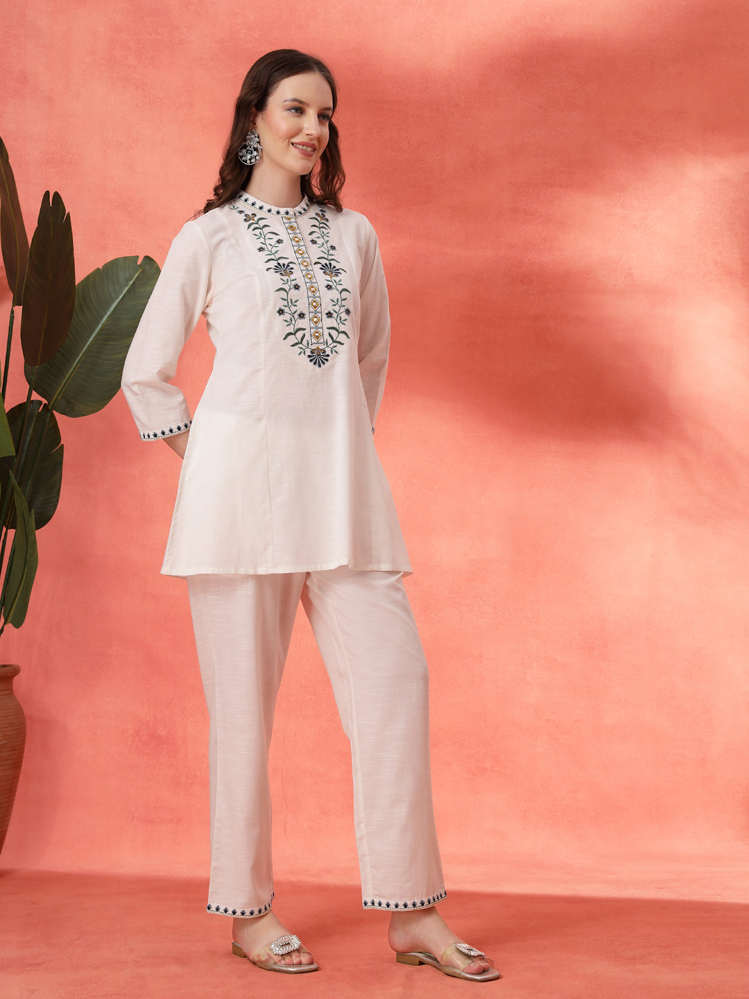 Solid A-Line Cotton Kurta Set with Embroidery &amp; Palazzo