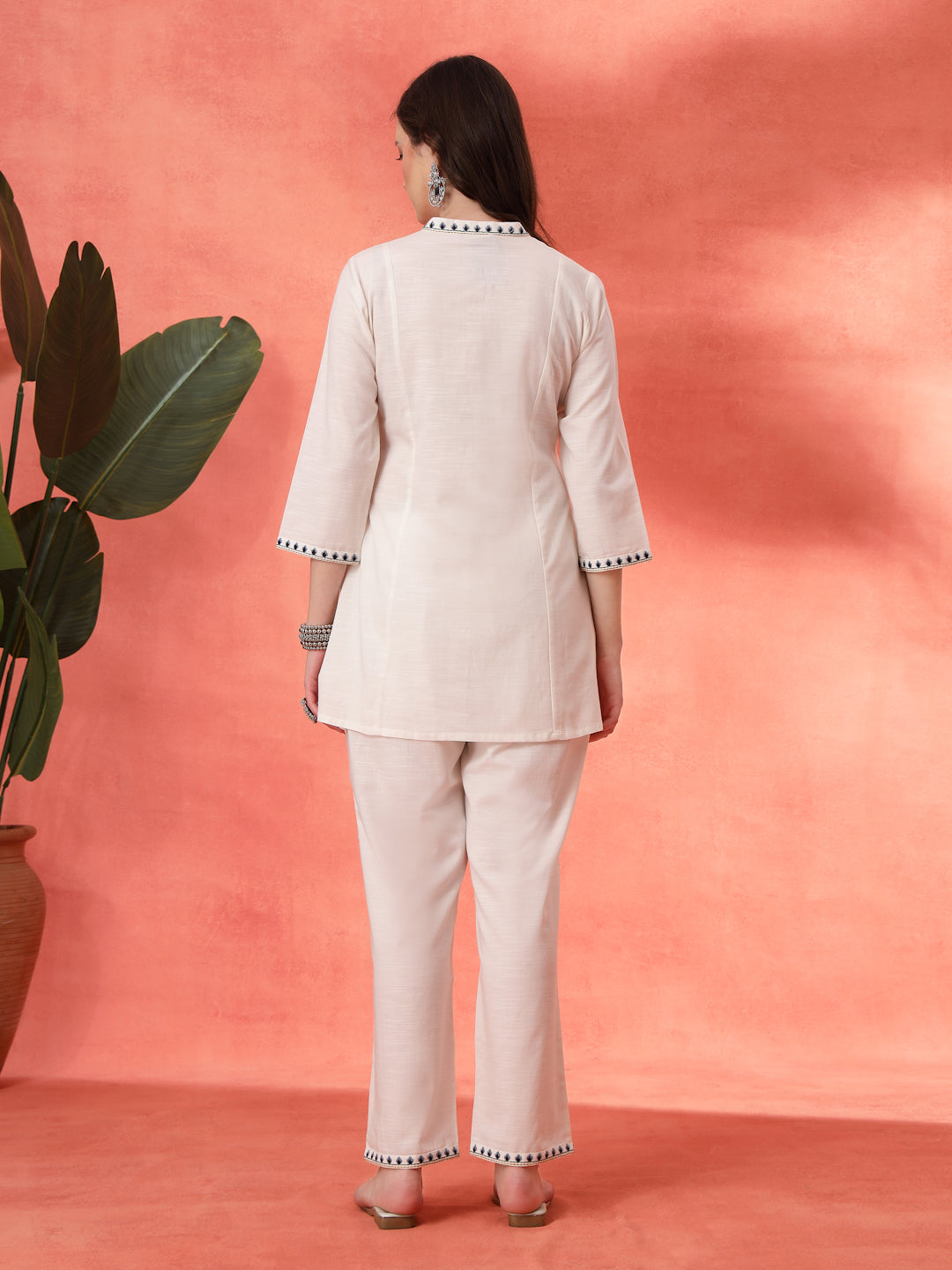 Solid A-Line Cotton Kurta Set with Embroidery &amp; Palazzo