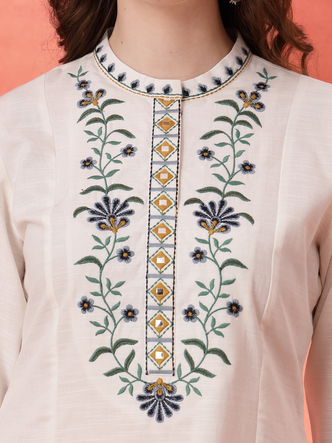 Solid A-Line Cotton Kurta Set with Embroidery &amp; Palazzo