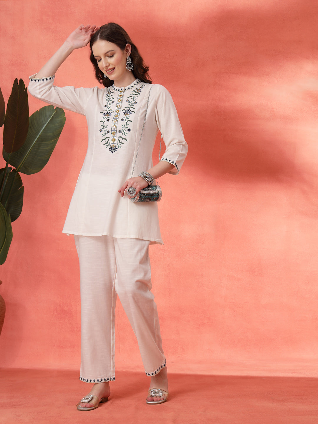 Solid A-Line Cotton Kurta Set with Embroidery &amp; Palazzo