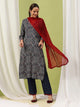 Abstract Printed Viscose Rayon Kurta Set with Mirror Work & Laced Dupatta