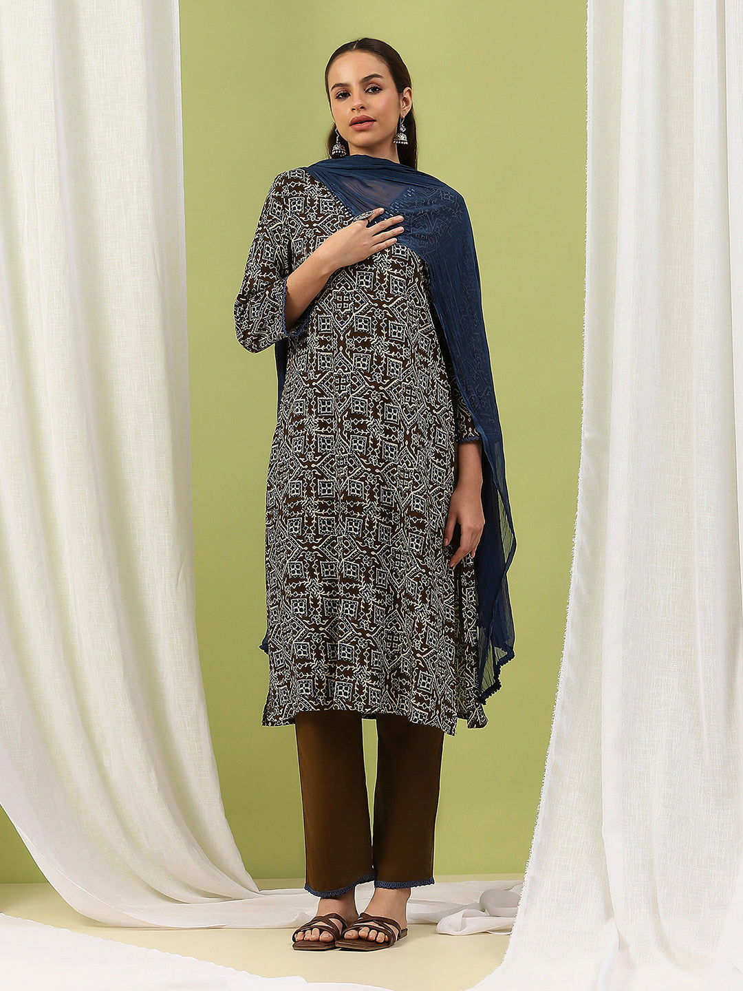 Mirror Embroidered Rayon Kurta Set with Palazzo &amp; Lace Dupatta