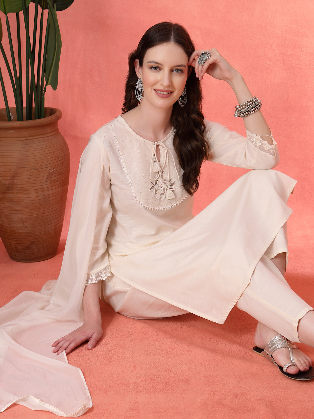 Cotton Kurta Set with Mesh-Lace Sleeves &amp; Organza Dupatta