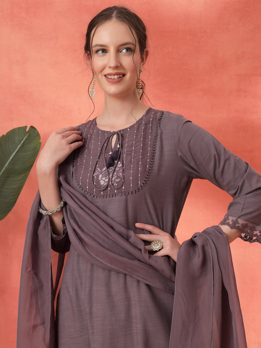 Cotton Kurta Set with Mesh-Lace Sleeves &amp; Organza Dupatta