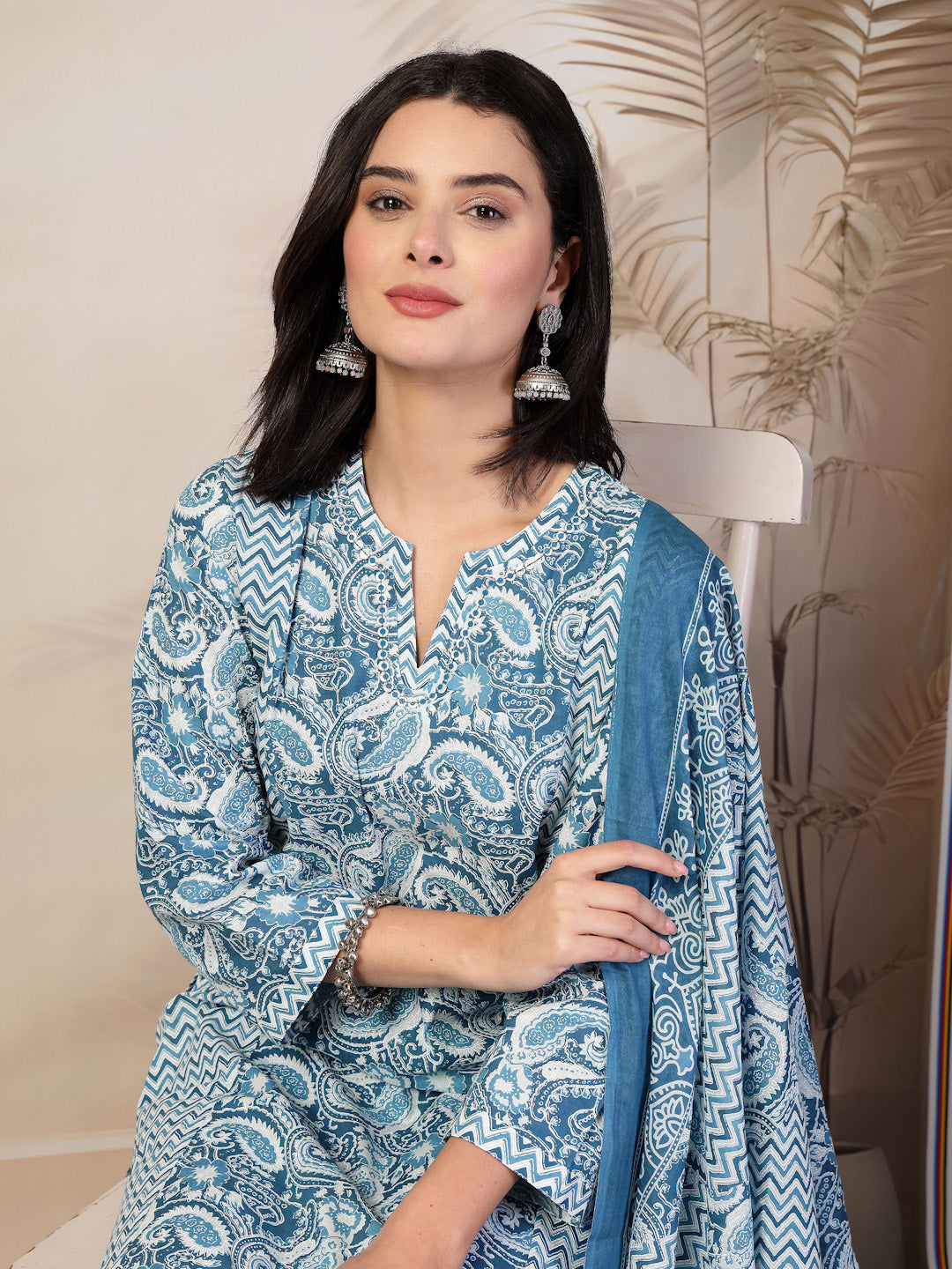 Paisley Printed A-Line Cotton Kurta Set with Sequin Detail &amp; Printed Dupatta