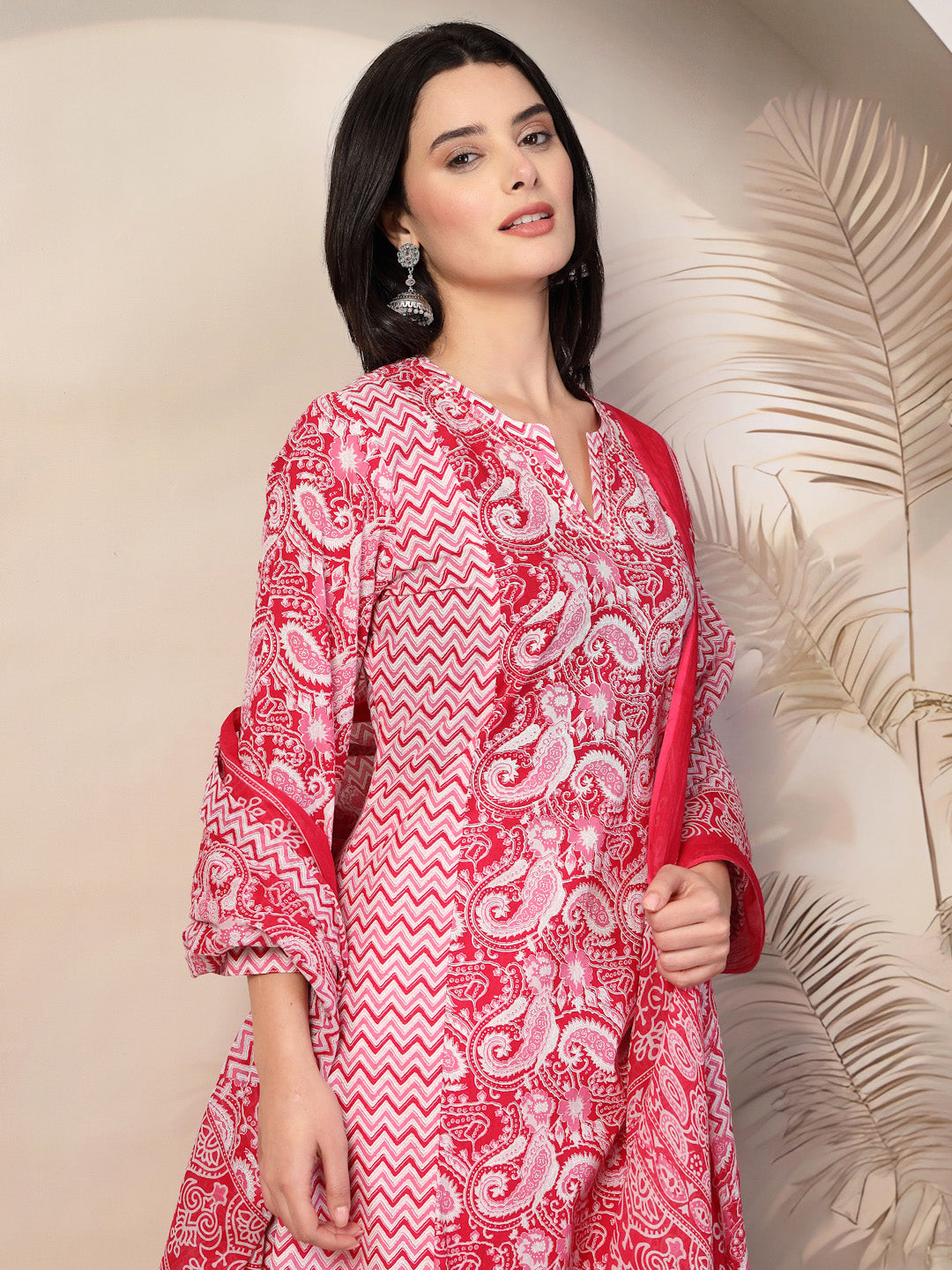 Sequin-Embellished Cambric Kurta Set with Striped Palazzo &amp; Printed Dupatta