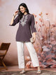 Thread Embroidered Crepe Tunic with Mandarin Collar & Slit Lace Sleeves