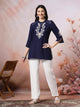 Thread Embroidered Crepe Tunic with Mandarin Collar & Slit Lace Sleeves