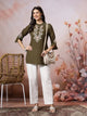 Thread Embroidered Crepe Tunic with Mandarin Collar & Slit Lace Sleeves