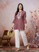Thread Embroidered Crepe Tunic with Mandarin Collar & Slit Lace Sleeves