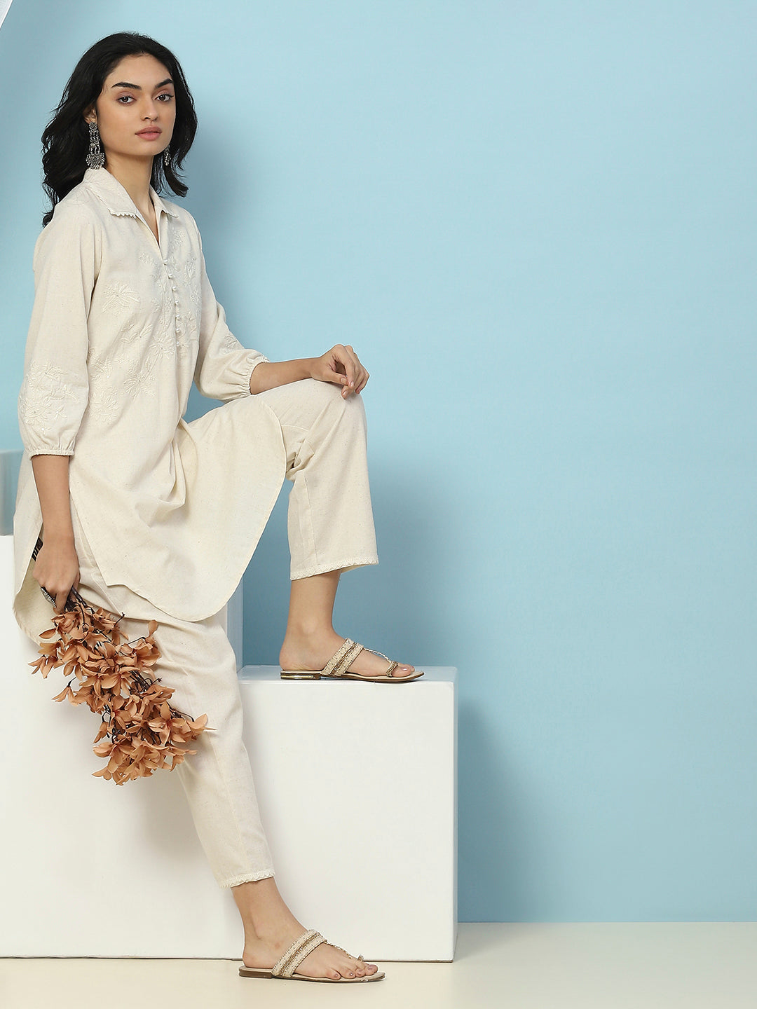 Lakhnavi Embroidered Cotton Kurta Set with Shirt Collar &amp; Lace Hem Palazzo