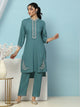 Solid Straight Viscose Rayon Kurta Set with Lakhnavi Embroidery & Bishop Sleeves