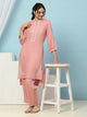 Solid Straight Viscose Rayon Kurta Set with Lakhnavi Embroidery & Bishop Sleeves