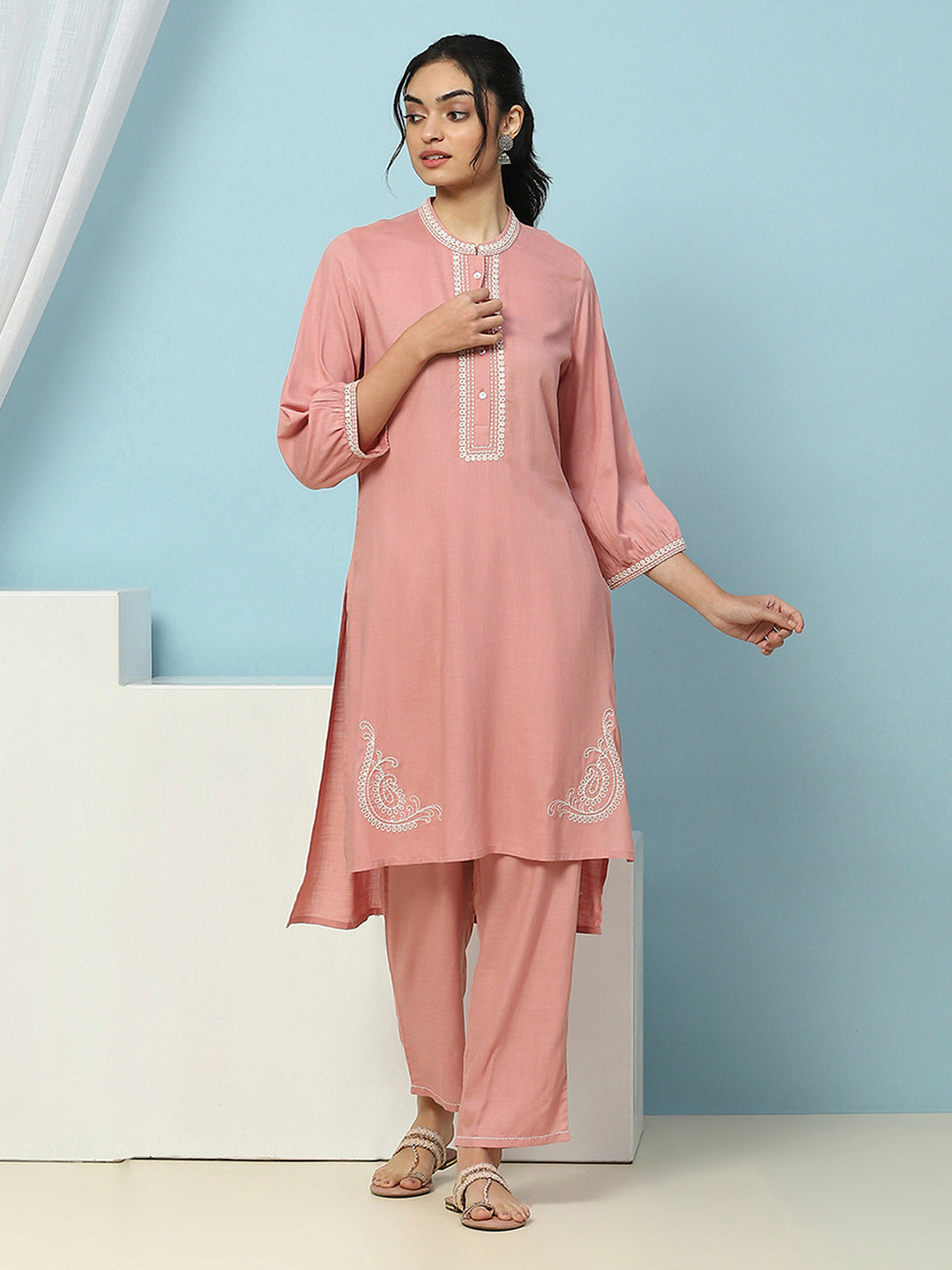 Solid Straight Viscose Rayon Kurta Set with Lakhnavi Embroidery &amp; Bishop Sleeves