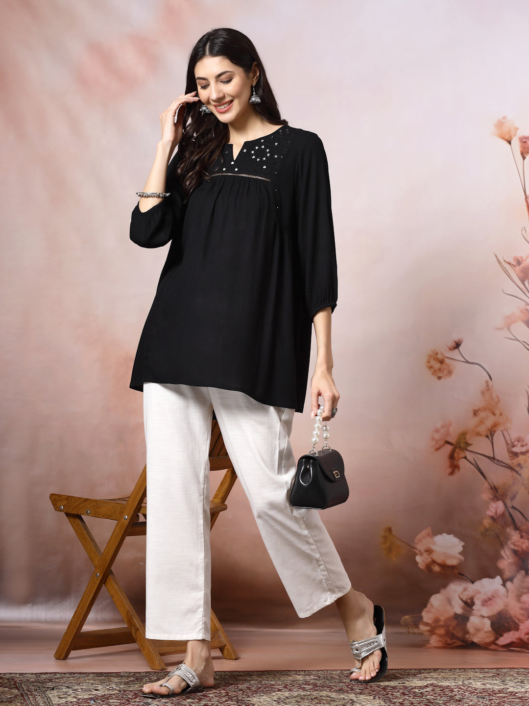Solid A-Line Viscose Rayon Tunic with Mirror Embroidery