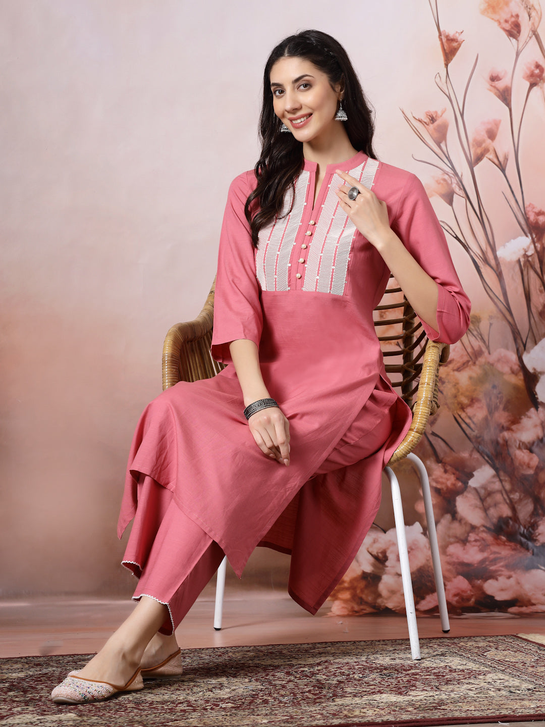 Mandarin Collar Cotton Kurta Set with Thread Embroidery &amp; Lace Hem Palazzo