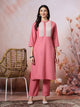Mandarin Collar Cotton Kurta Set with Thread Embroidery & Lace Hem Palazzo