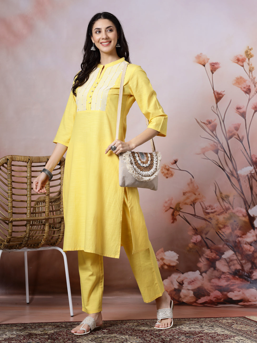 Mandarin Collar Cotton Kurta Set with Thread Embroidery &amp; Lace Hem Palazzo