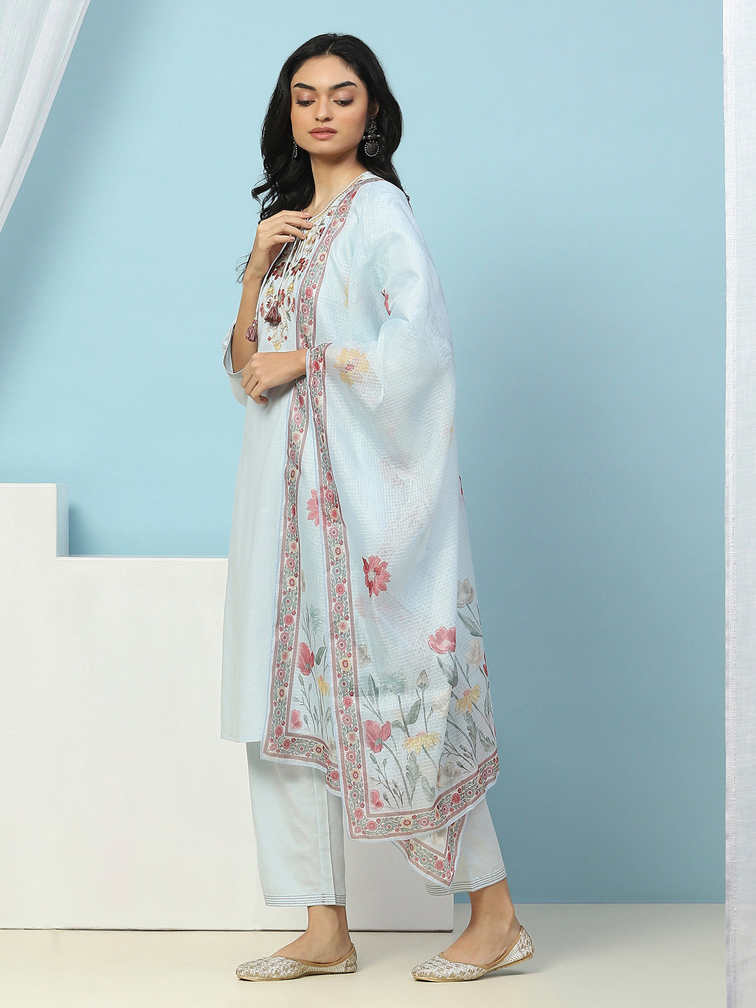 Solid Straight Cotton Kurta Set with Embroidery &amp; Printed Dupatta