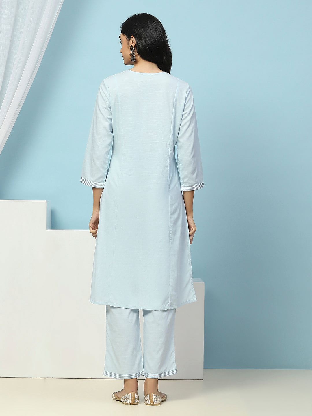 Solid Straight Cotton Kurta Set with Embroidery &amp; Printed Dupatta