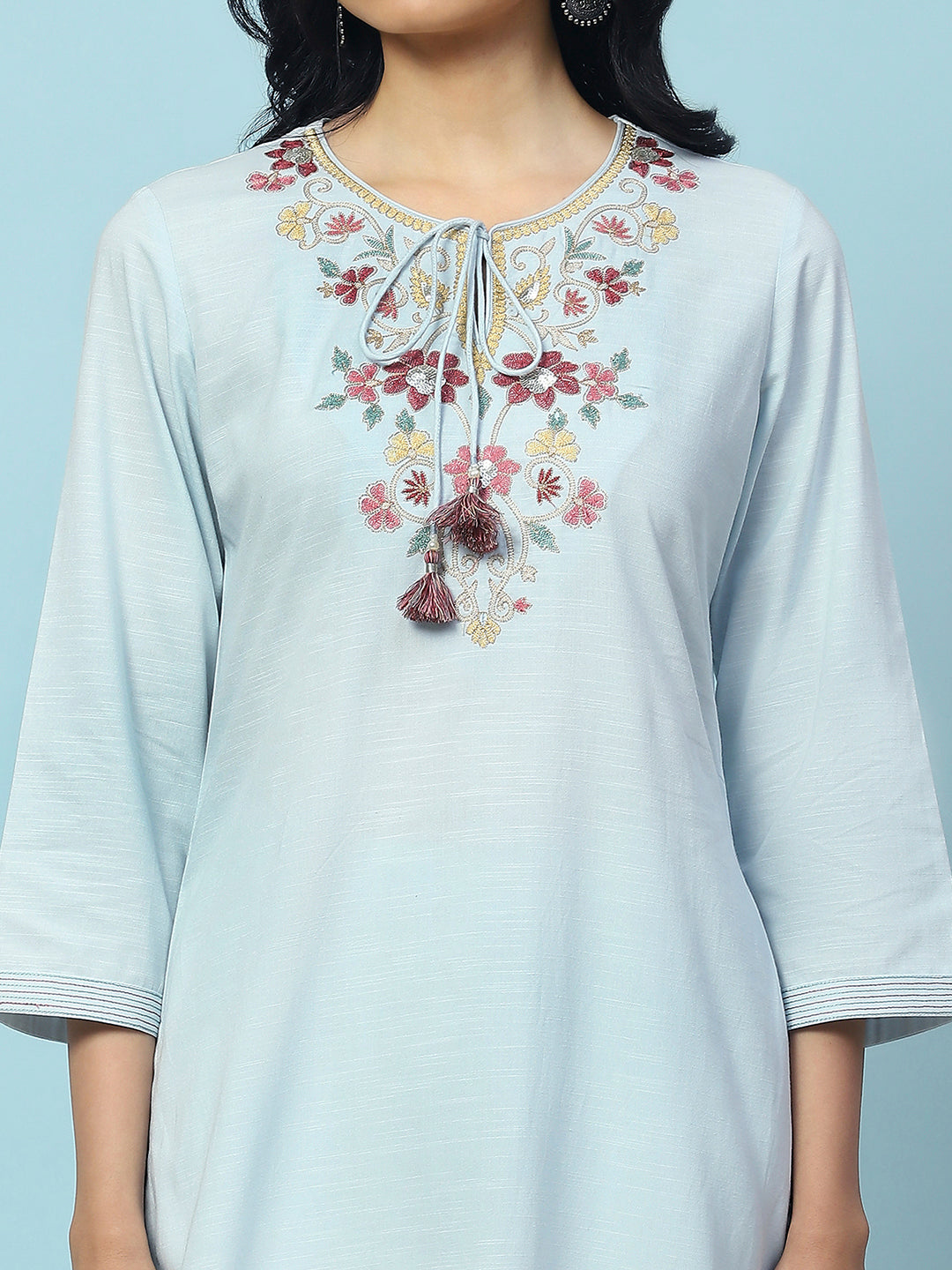 Solid Straight Cotton Kurta Set with Embroidery &amp; Printed Dupatta