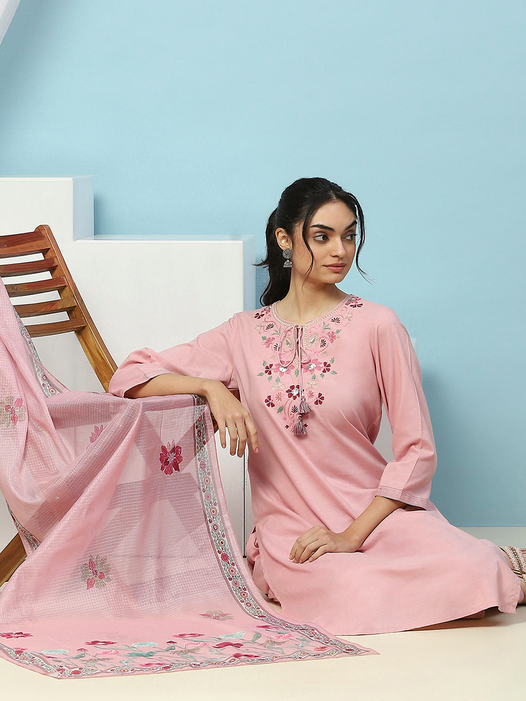 Cotton Kurta Set with Dori Tassels, Embroidered Yoke &amp; Printed Dupatta