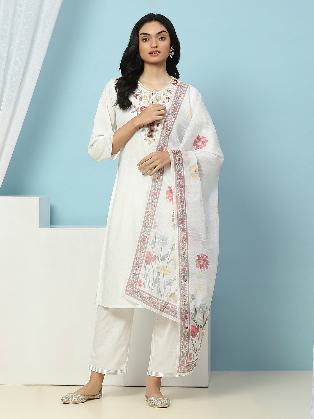 Cotton Kurta Set with Dori Tassels, Embroidered Yoke &amp; Printed Dupatta