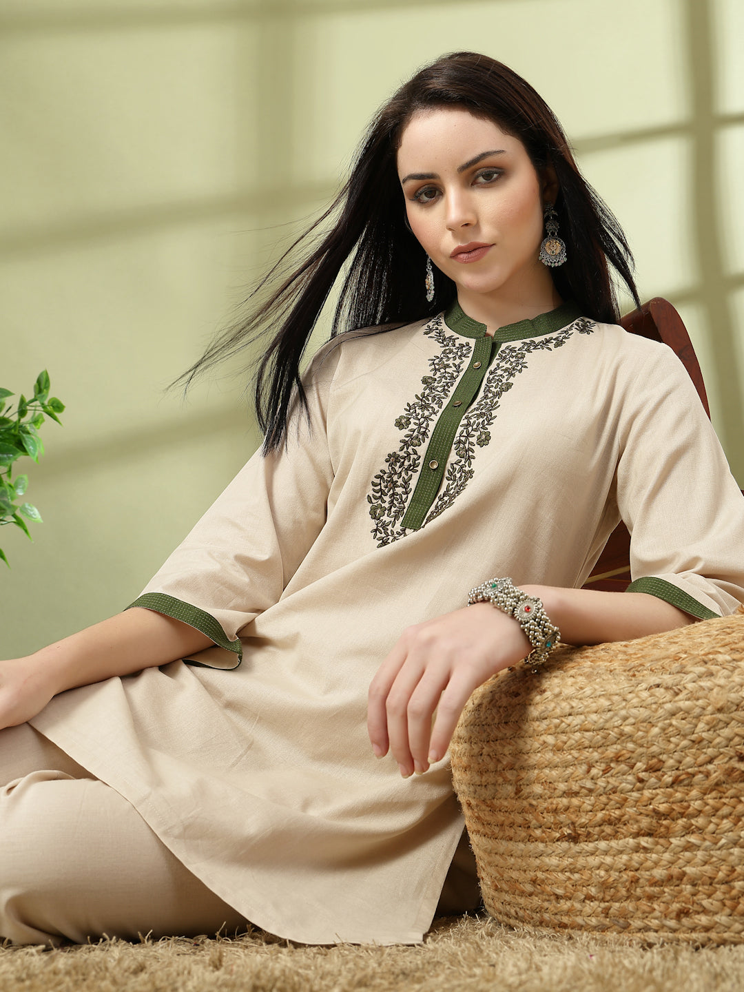 Solid Cotton Kurta Set with Thread Embroidery
