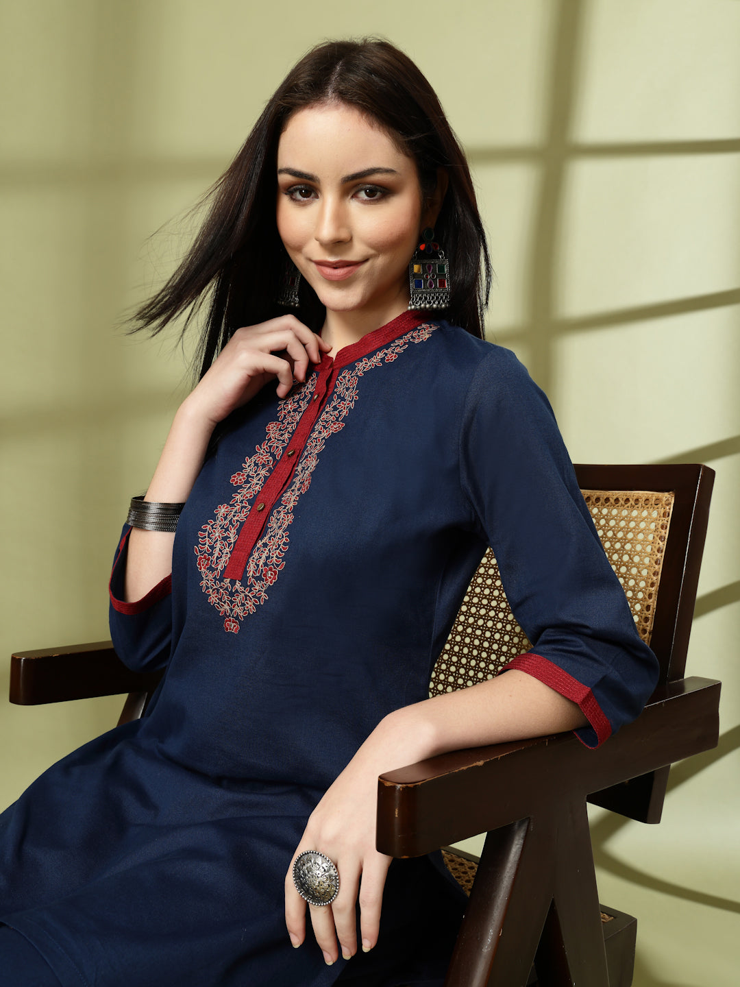 Solid Cotton Kurta Set with Thread Embroidery