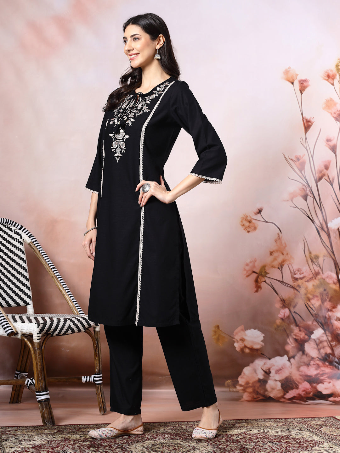 Embroidered Cotton Kurta Set with Tie-Up Neck &amp; Lace-Trimmed Dupatta