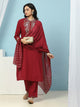 Mandarin-Collar Cotton-Blend Kurta Set with Embroidered Palazzo & Zari-Edged Dupatta