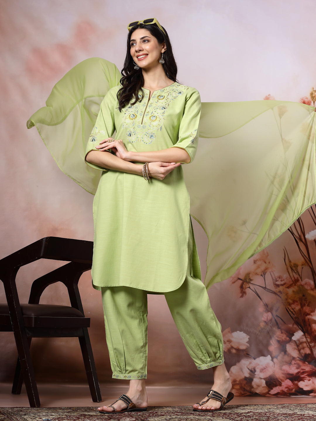 Solid Straight Cotton Kurta with Embroidered Afghani Salwar &amp; Laced Dupatta