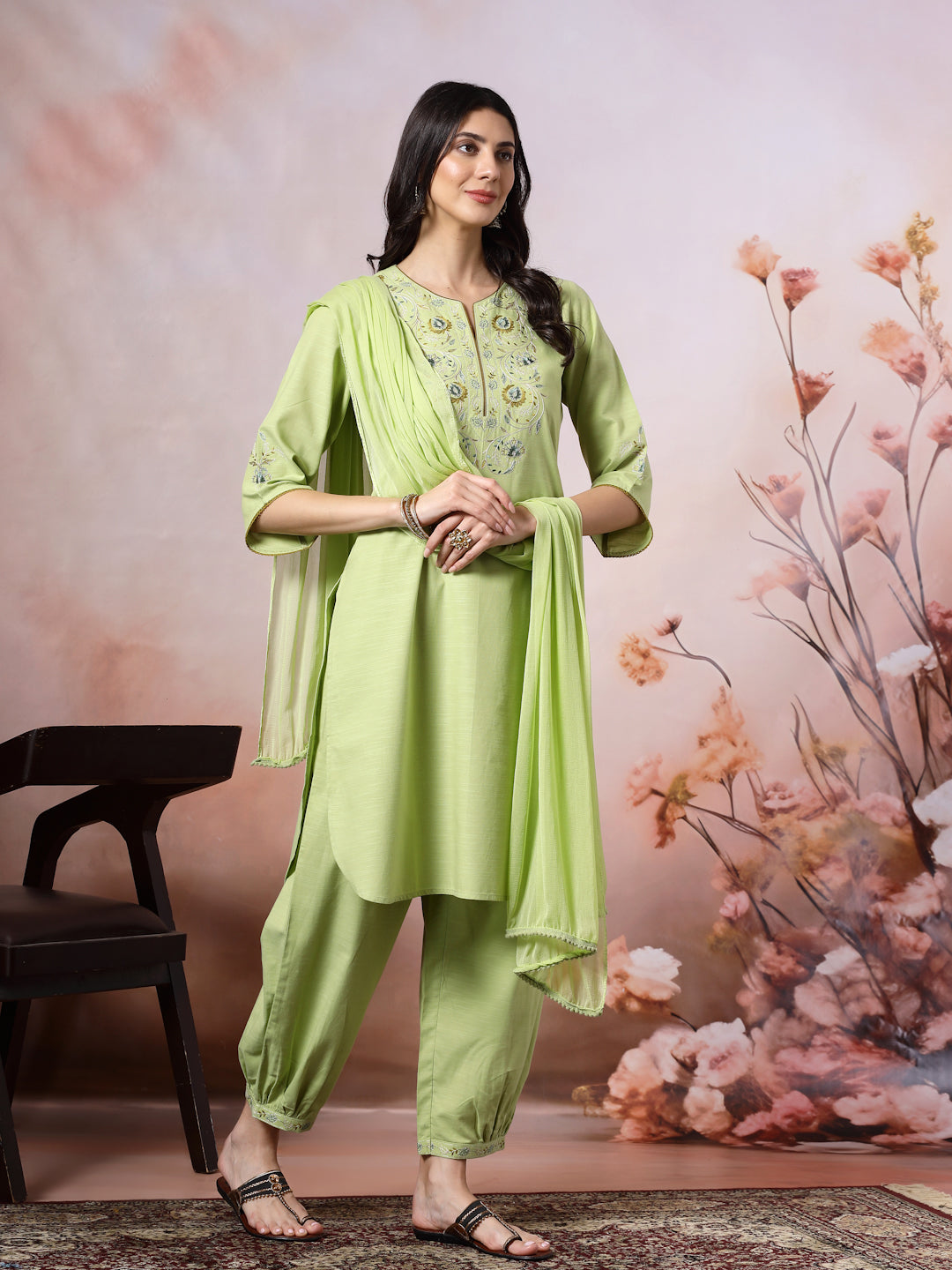 Solid Straight Cotton Kurta with Embroidered Afghani Salwar &amp; Laced Dupatta