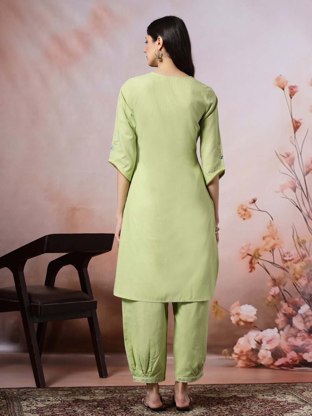 Solid Straight Cotton Kurta with Embroidered Afghani Salwar &amp; Laced Dupatta