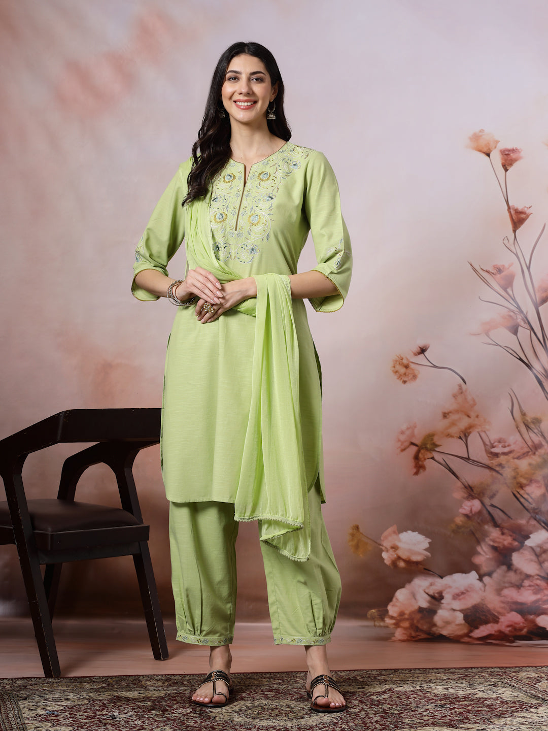 Solid Straight Cotton Kurta with Embroidered Afghani Salwar &amp; Laced Dupatta