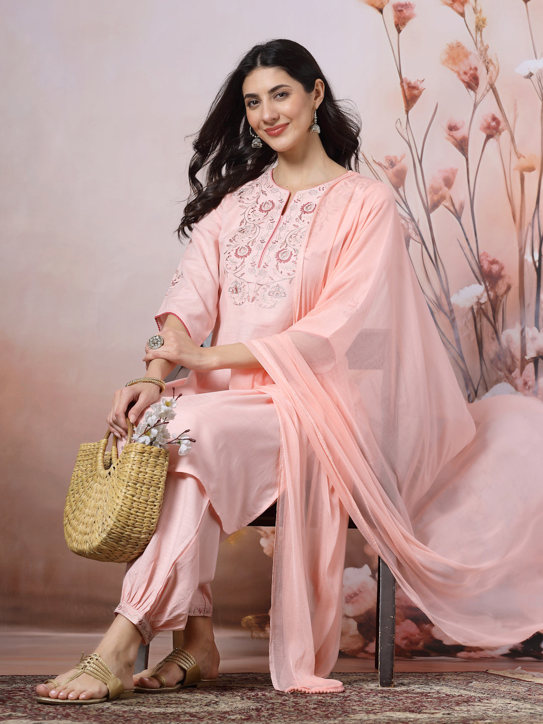 Cotton Kurta with Kimono Sleeves, Embroidered Afghani Salwar &amp; Lace Dupatta