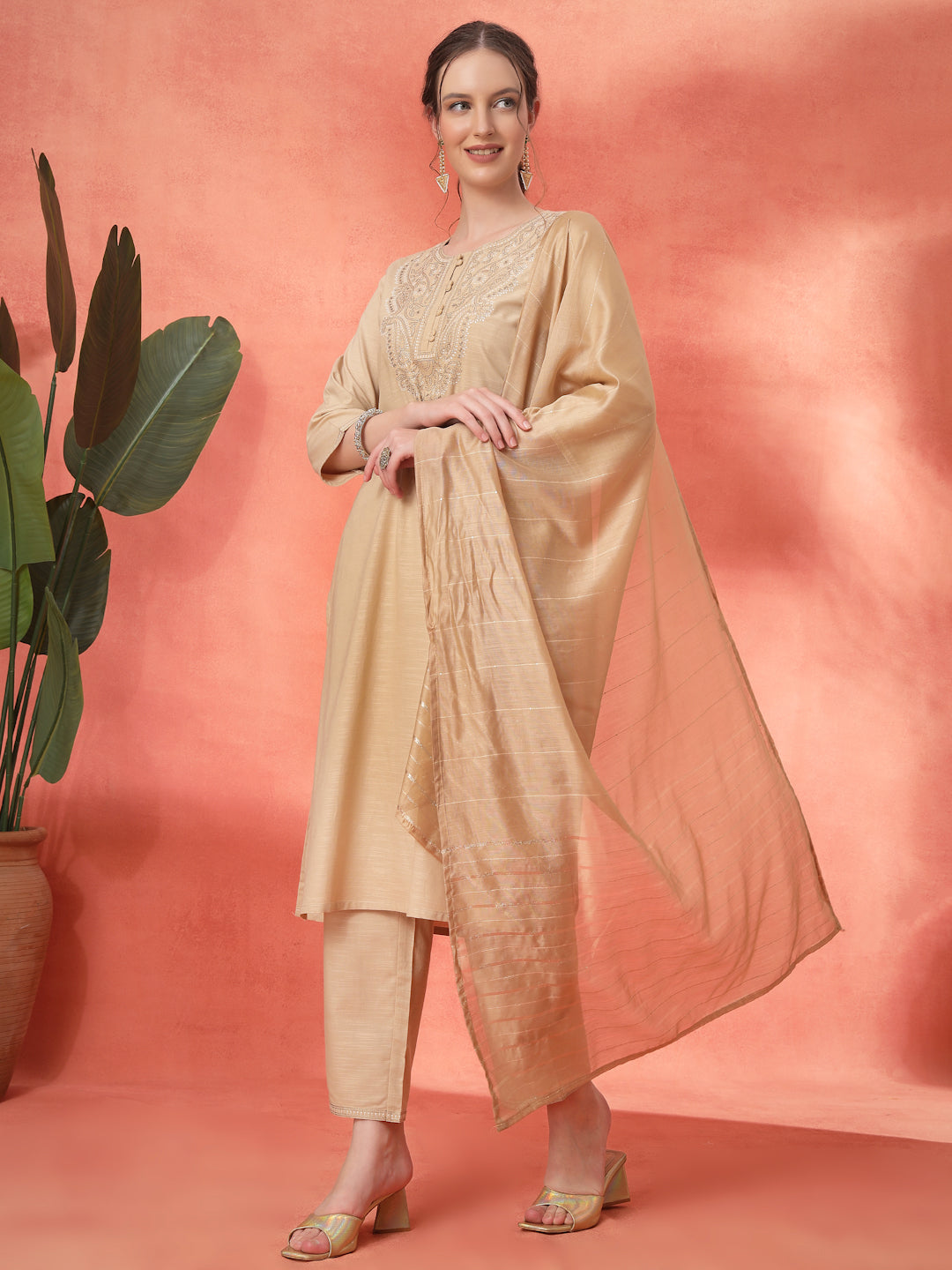 Embroidered Cotton Kurta Set with Palazzo &amp; Zari Dupatta
