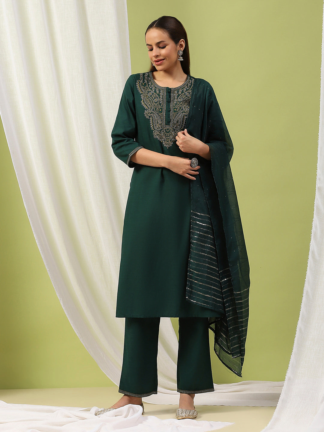 Solid Straight Cotton Kurta Set with Embroidery &amp; Zari Dupatta
