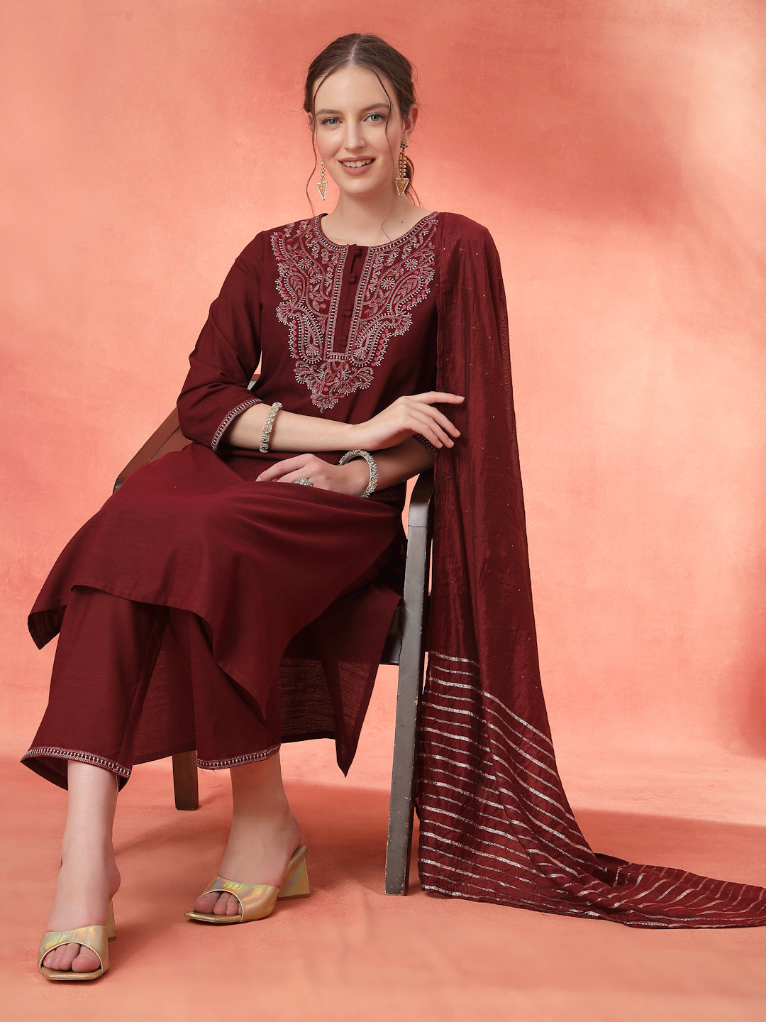 Embroidered Cotton Kurta Set with Palazzo &amp; Zari Dupatta