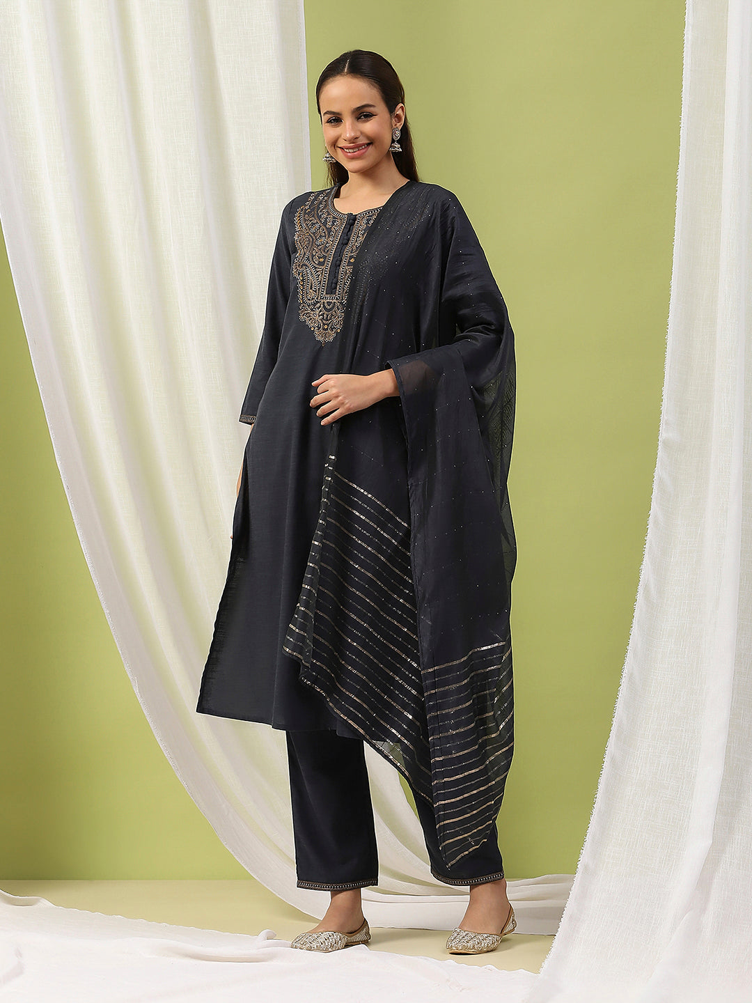 Solid Embroidered Cotton Straight Kurta Set with Dupatta for Women
