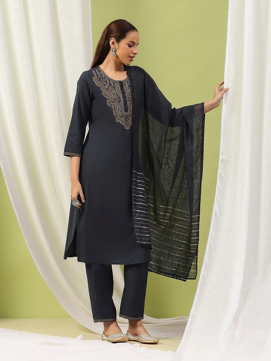 Solid Embroidered Cotton Straight Kurta Set with Dupatta for Women