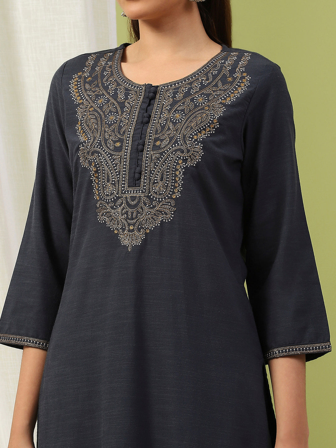 Solid Embroidered Cotton Straight Kurta Set with Dupatta for Women